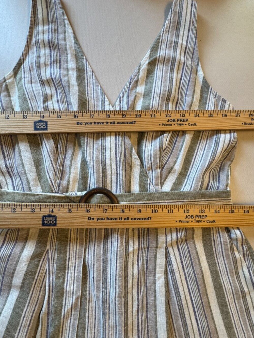 Altar'd State Belted Jumpsuit Large Green Tan Stripe Pockets Linen Blend - Picture 4 of 12